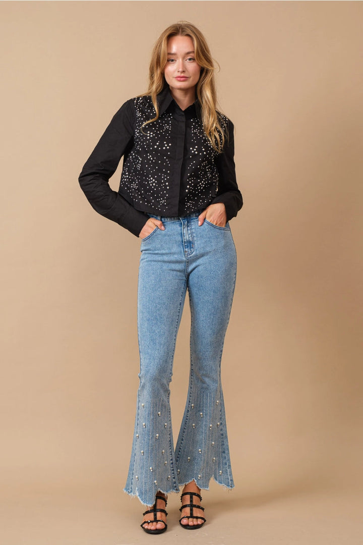 High Rise Embellished Boot Cut Flared Jeans - Blossom Belle