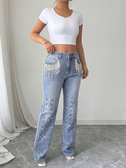 Rhinestone Embellished Wide Leg Jeans - Diana