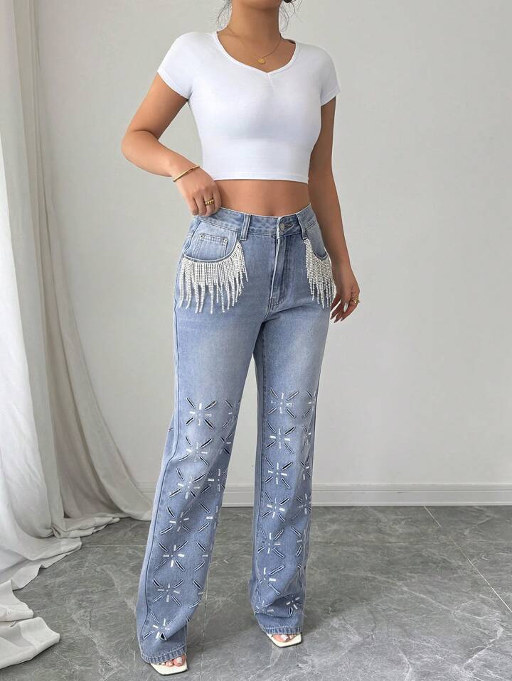 Rhinestone Embellished Wide Leg Jeans - Diana
