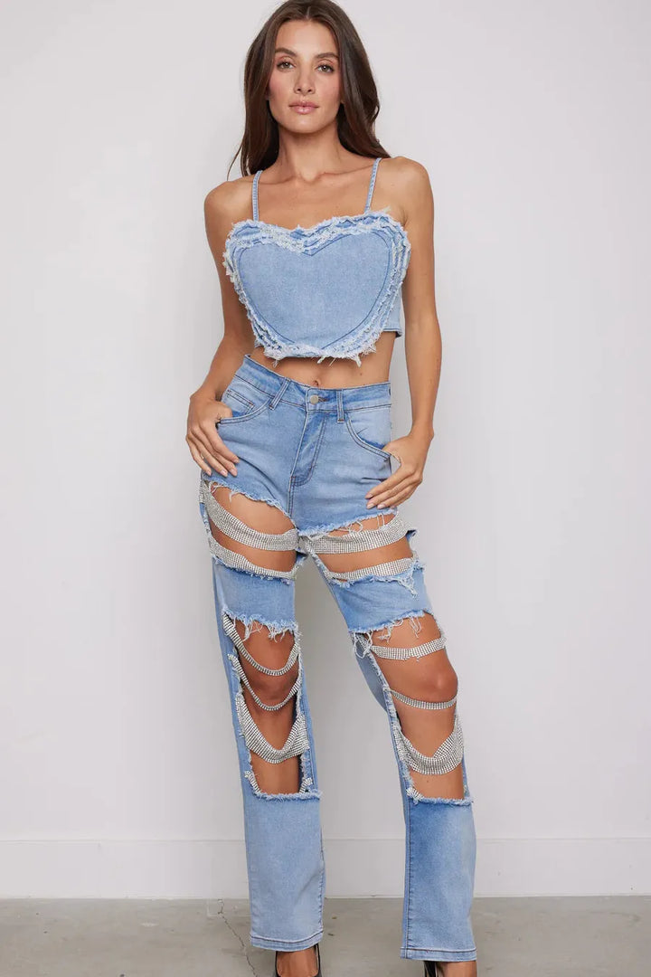 Embellished Wide Leg Cut Out Jeans - Glamour Goddess