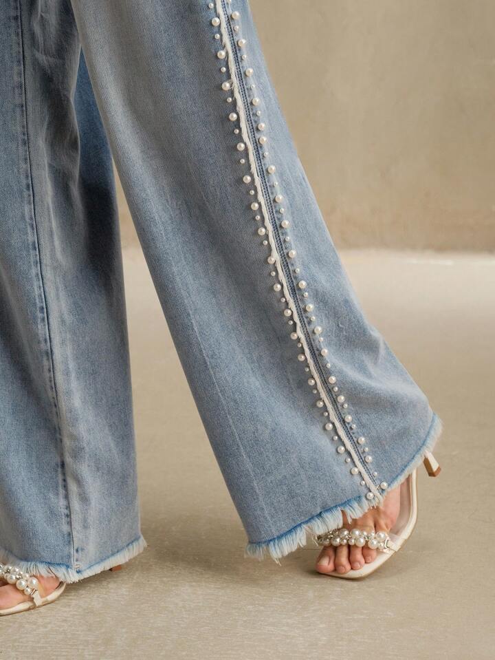 Lea - Pearl Embellished Wide Leg Jeans - Ice Blue