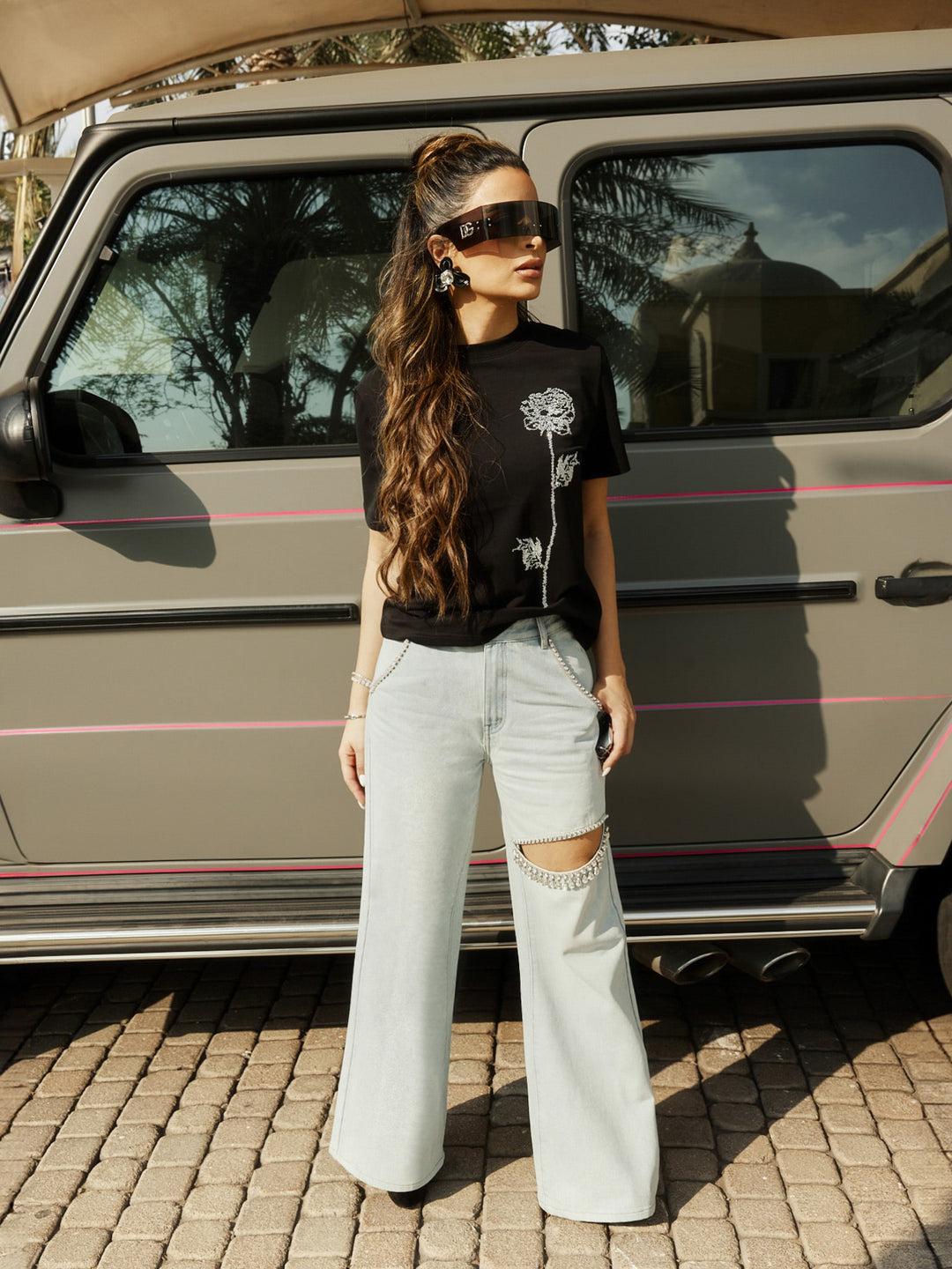 Embellished Wide Leg Cut Out Jeans - IceBreaker