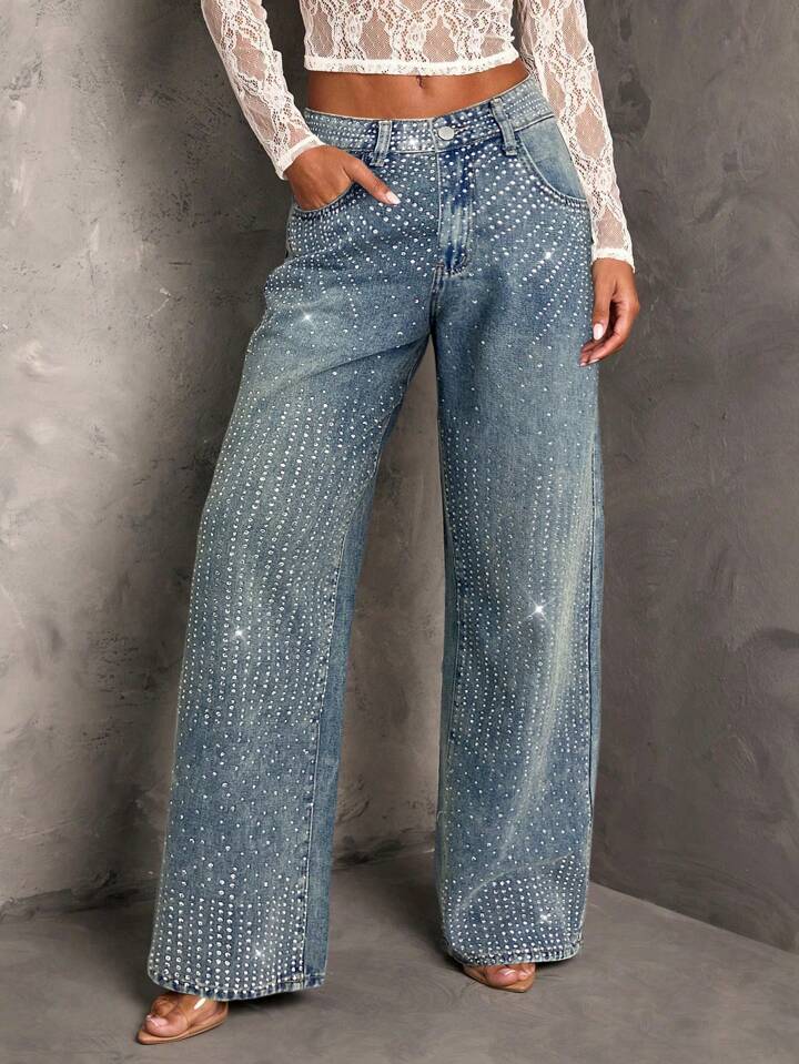 Nikki - Rhinestone Embellished Wide Leg Jeans - Ice Blue