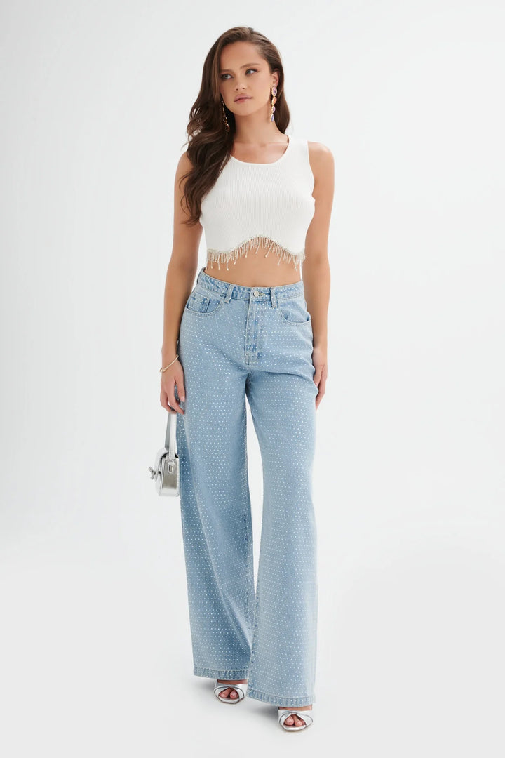 Diamante Denim High Rise Wide Leg Jeans