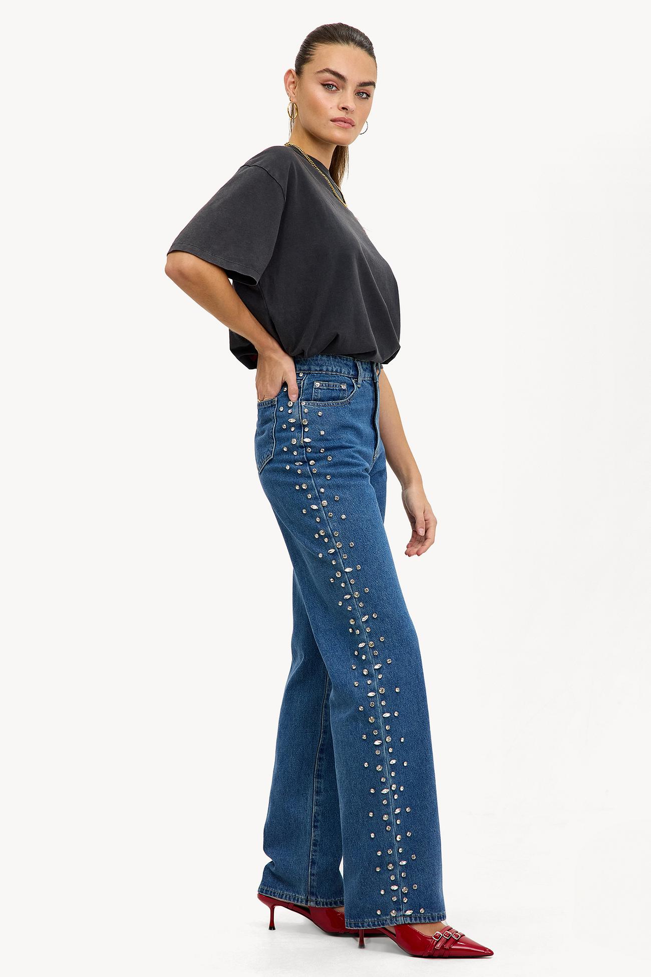 Eclipse - Rhinestone Embellished Wide Leg Jeans - Dark Blue