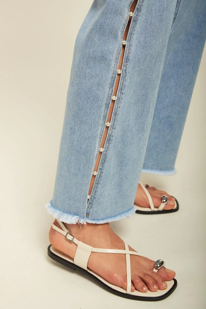 Pearl Slit Wide Leg Jeans - Ice Blue