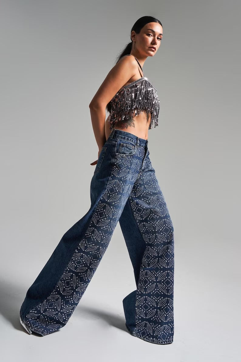 Emma - Rhinestone Embellished Wide Leg Jeans - Dark Blue