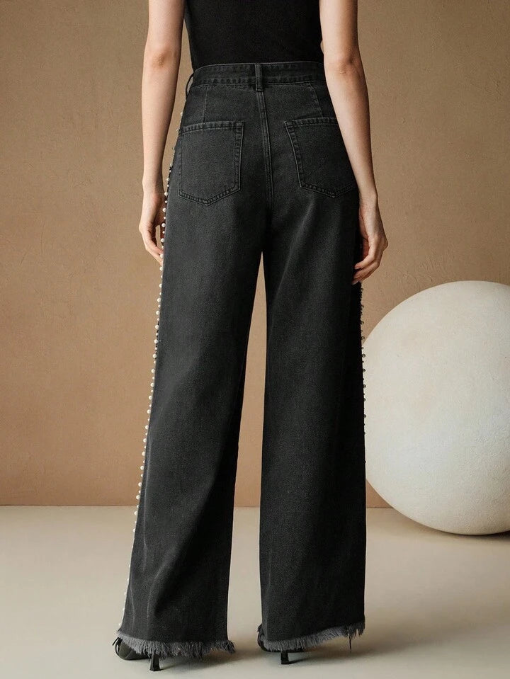 Myra - High Rise Pearl Embellished Wide Leg Jeans