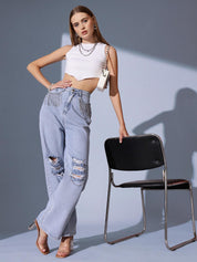 Sparkle Drip  - Distressed Rhinestone Embellished Wide Leg Jeans - Ice Blue