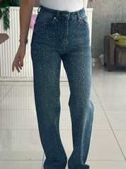 Midnight Blue Diamante Denim High Rise Wide Leg Jeans