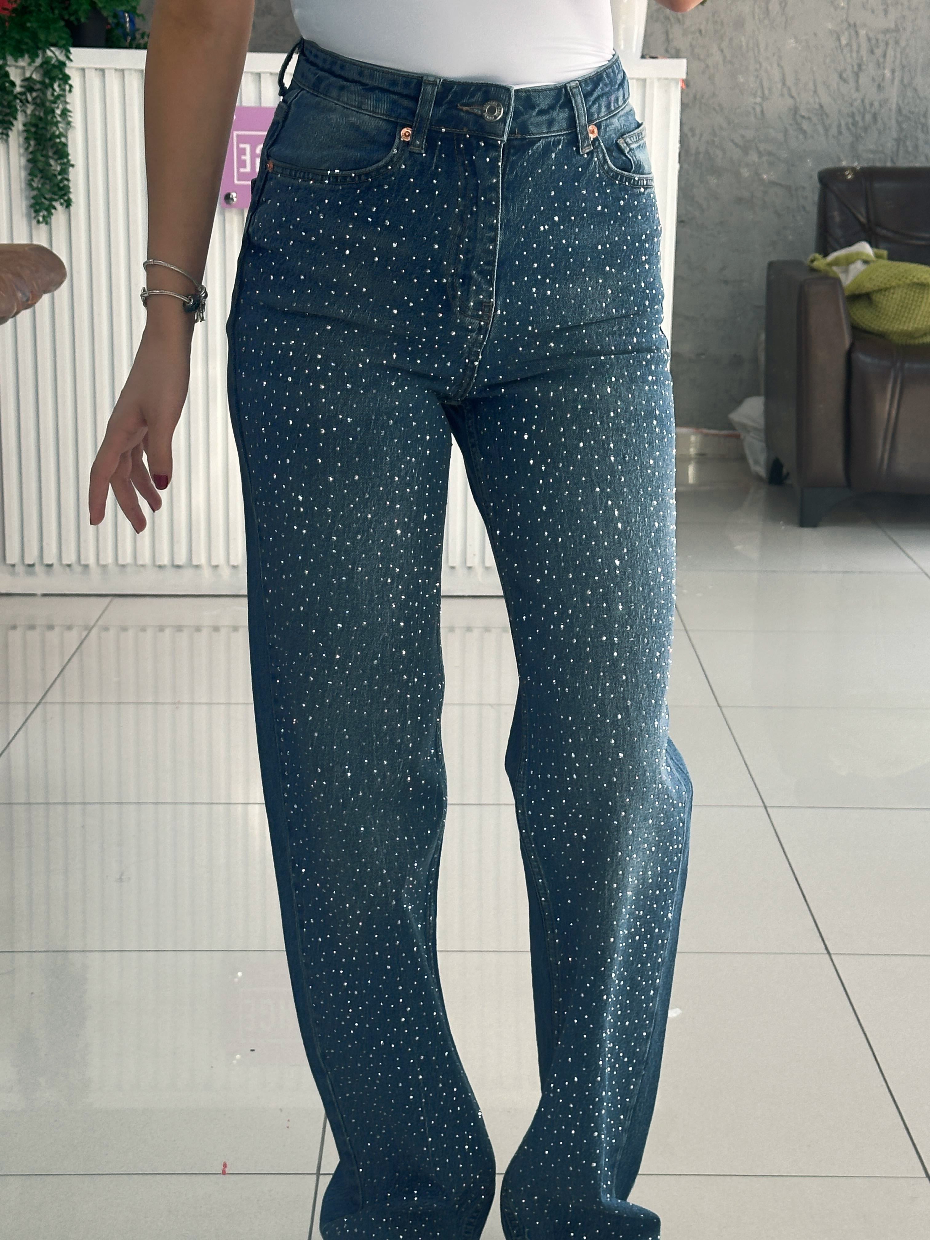 Midnight Blue Diamante Denim High Rise Wide Leg Jeans