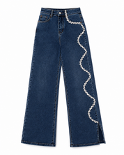 Selene - Rhinestone Embellished Wide Leg Jeans - Dark Blue