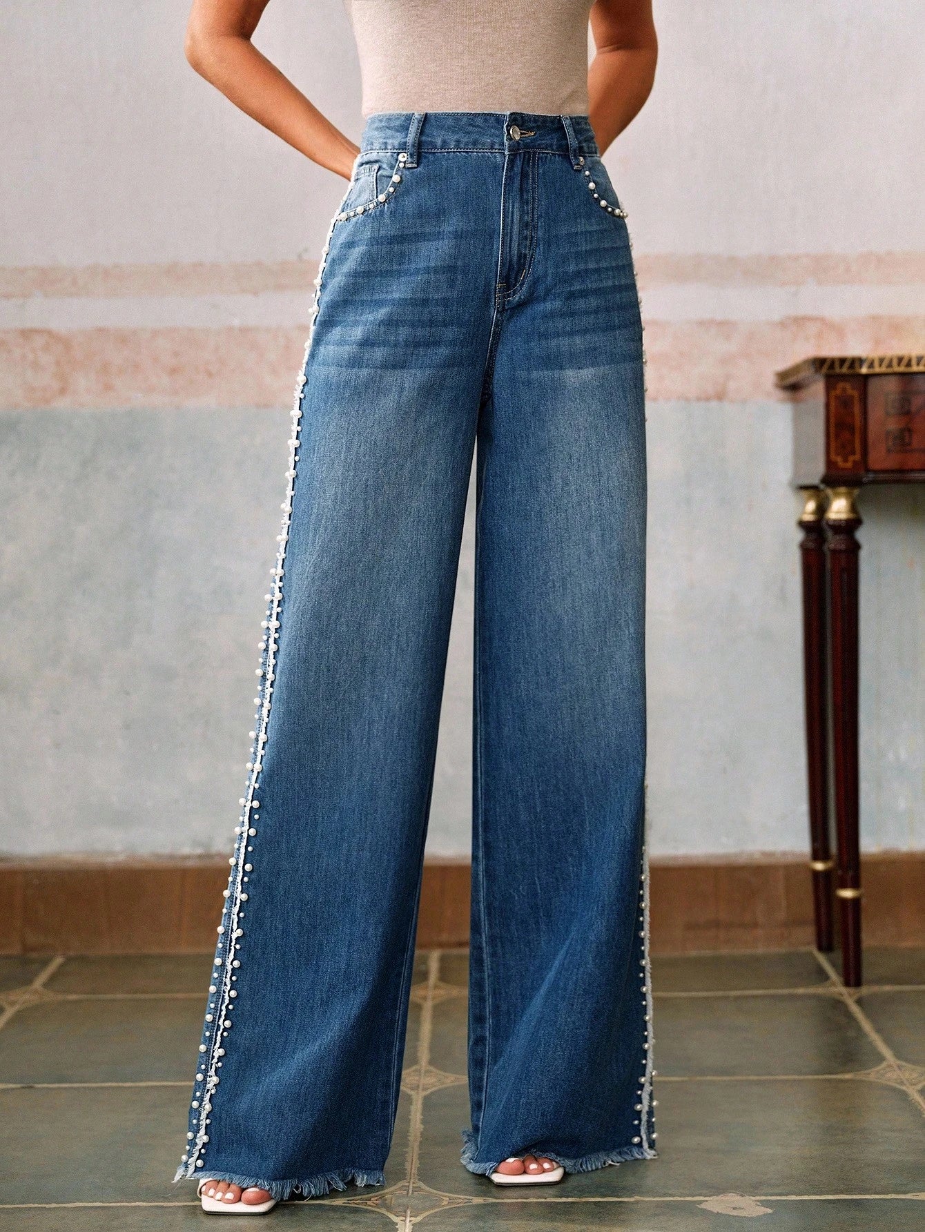 Pearl Affair - Pearl Embellished Wide Leg Jeans - Stone blue