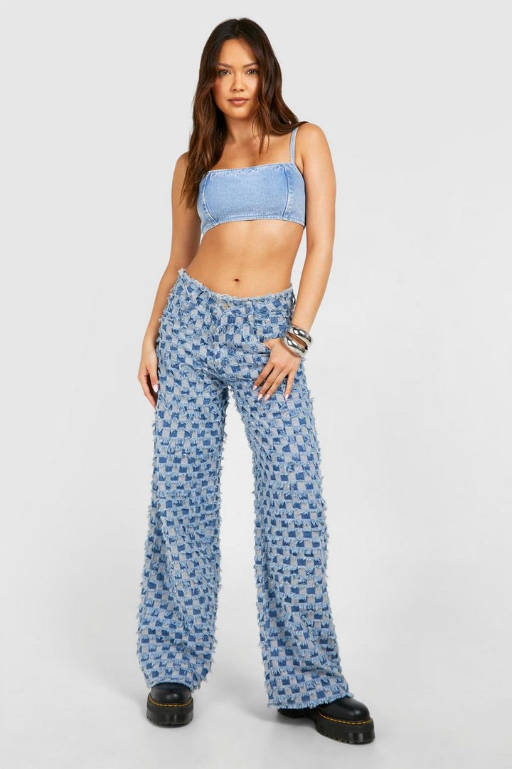 High Rise Wide Leg Jacquard Jeans - Check Mate