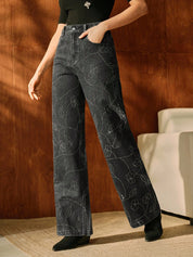 Nancy - Rhinestone Embellished Wide Leg Jeans - Black