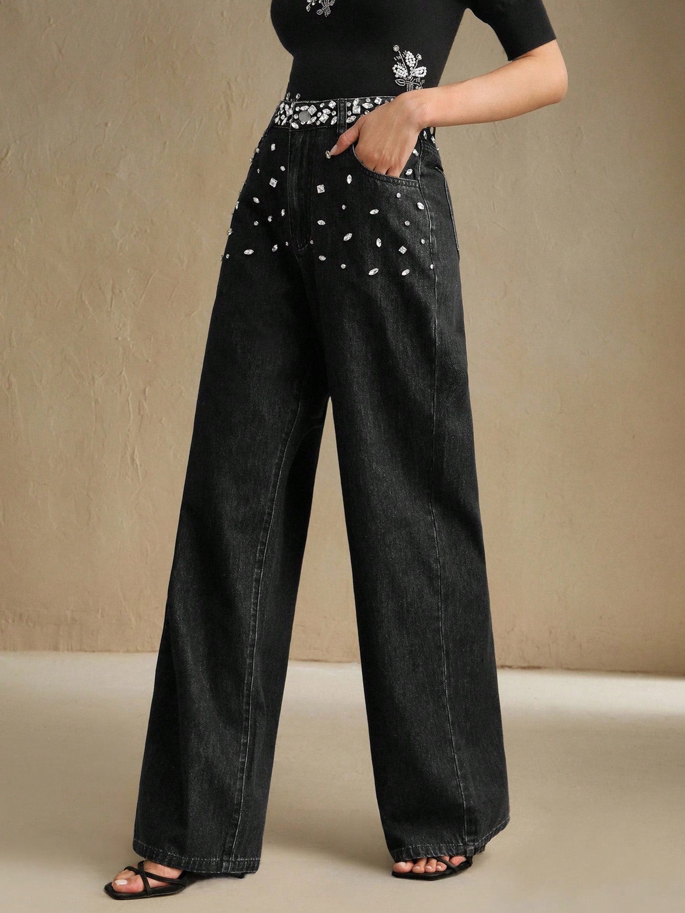 Black Dazzle Band - Rhinestone Embellished Wide Leg Jeans