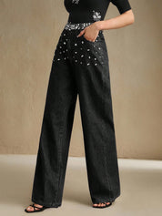 Black Dazzle Band - Rhinestone Embellished Wide Leg Jeans