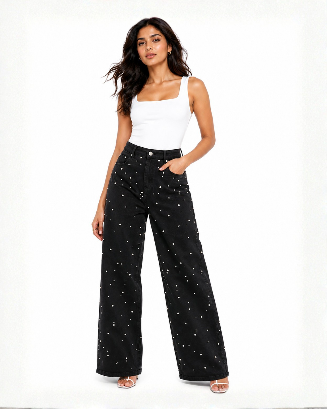 Limited Edition Pearl Embellished Wide Leg Jeans - Black