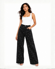 Limited Edition Pearl Embellished Wide Leg Jeans - Black