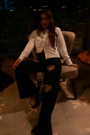 Black Heart - Rhinestone Embellished Cut Out Jeans - Black