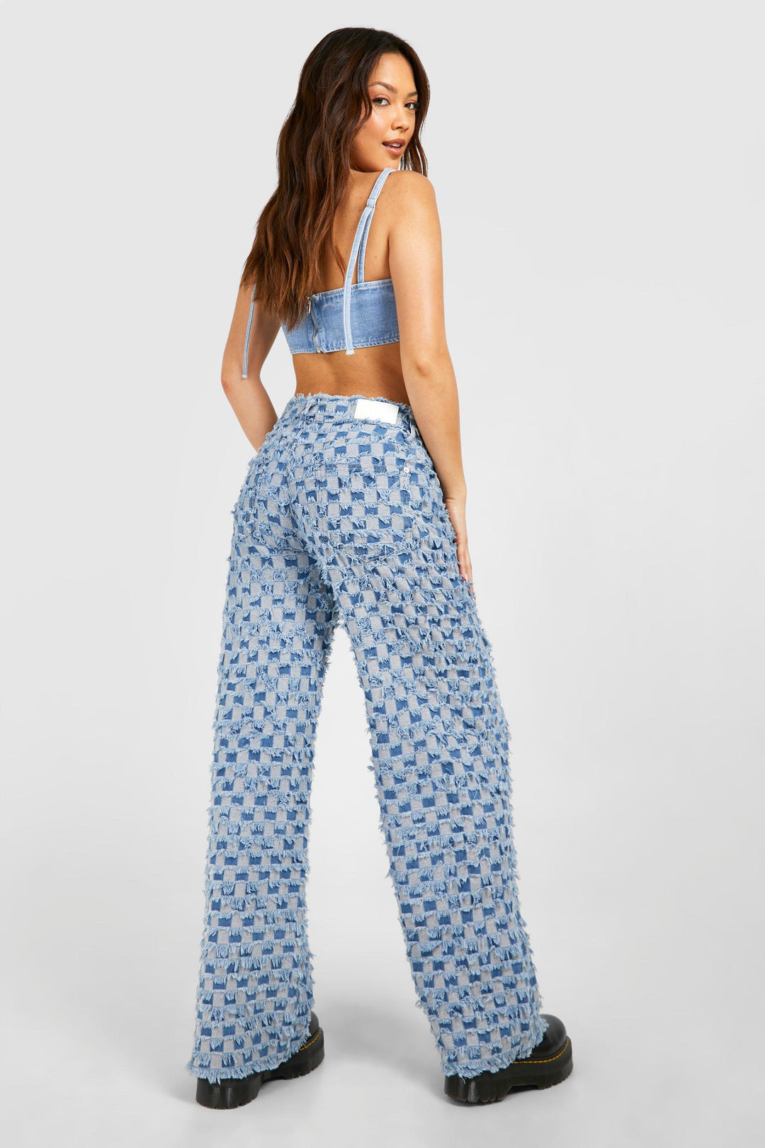 High Rise Wide Leg Jacquard Jeans - Check Mate