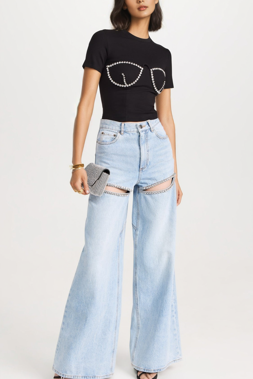 Embellished Wide Leg Cut Out Jeans - Taylor