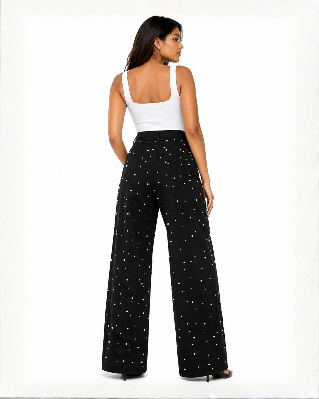 Limited Edition Pearl Embellished Wide Leg Jeans - Black
