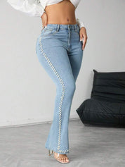 Sophia - High Rise Pearl Embellished Boot Cut Jeans
