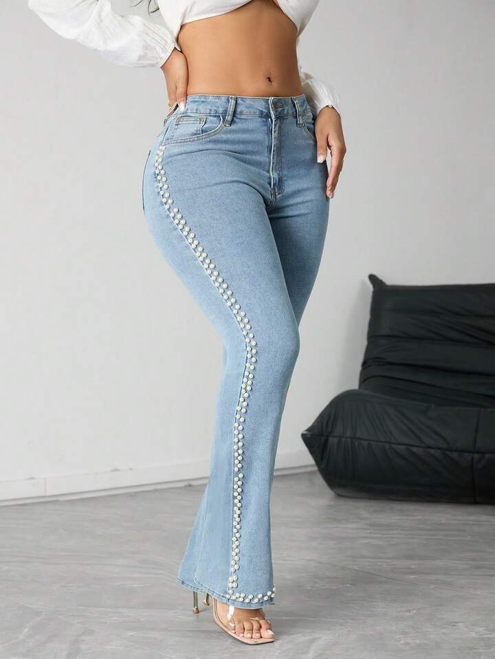 Sophia - High Rise Pearl Embellished Boot Cut Jeans