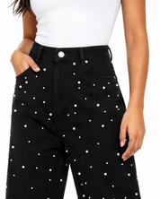 Limited Edition Pearl Embellished Wide Leg Jeans - Black