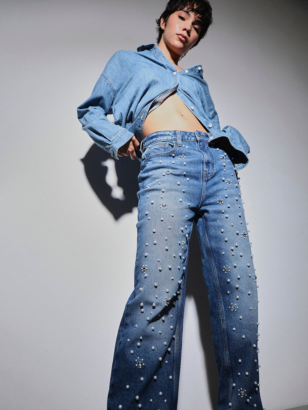 Rhea- Rhinestone Embellished Wide Leg Jeans - Dark Blue