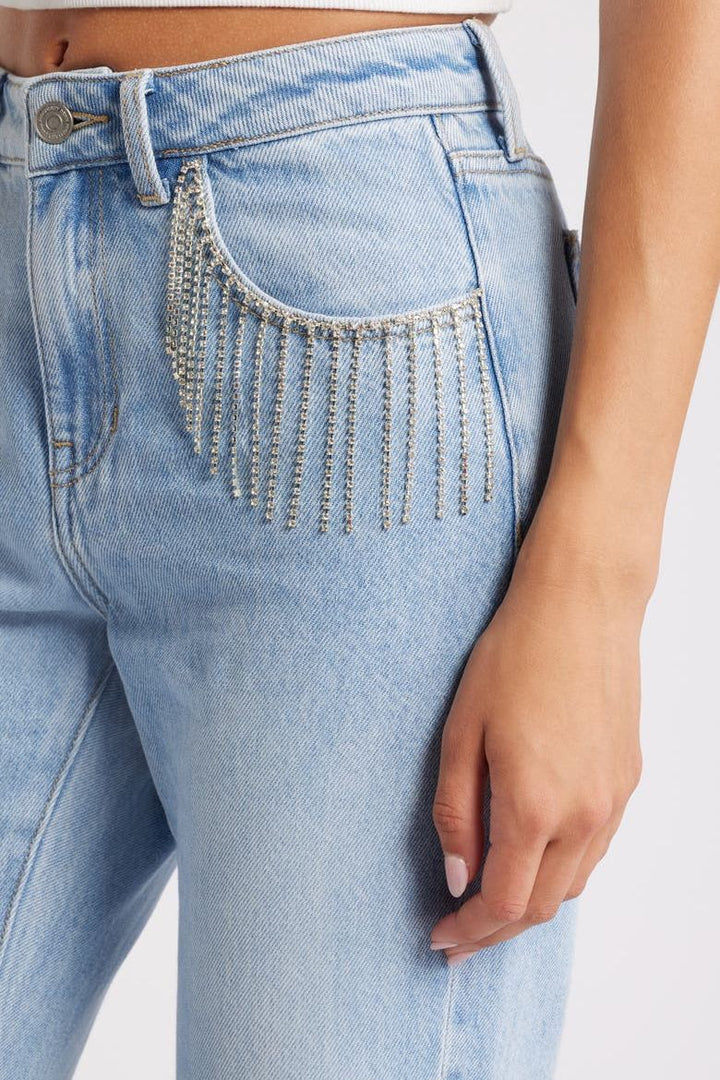 Rhinestone Tassel Wide Leg Jeans - Ice Blue