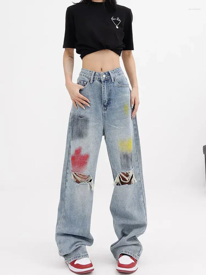 Painted Wide Leg Distressed Jeans - Vivienne