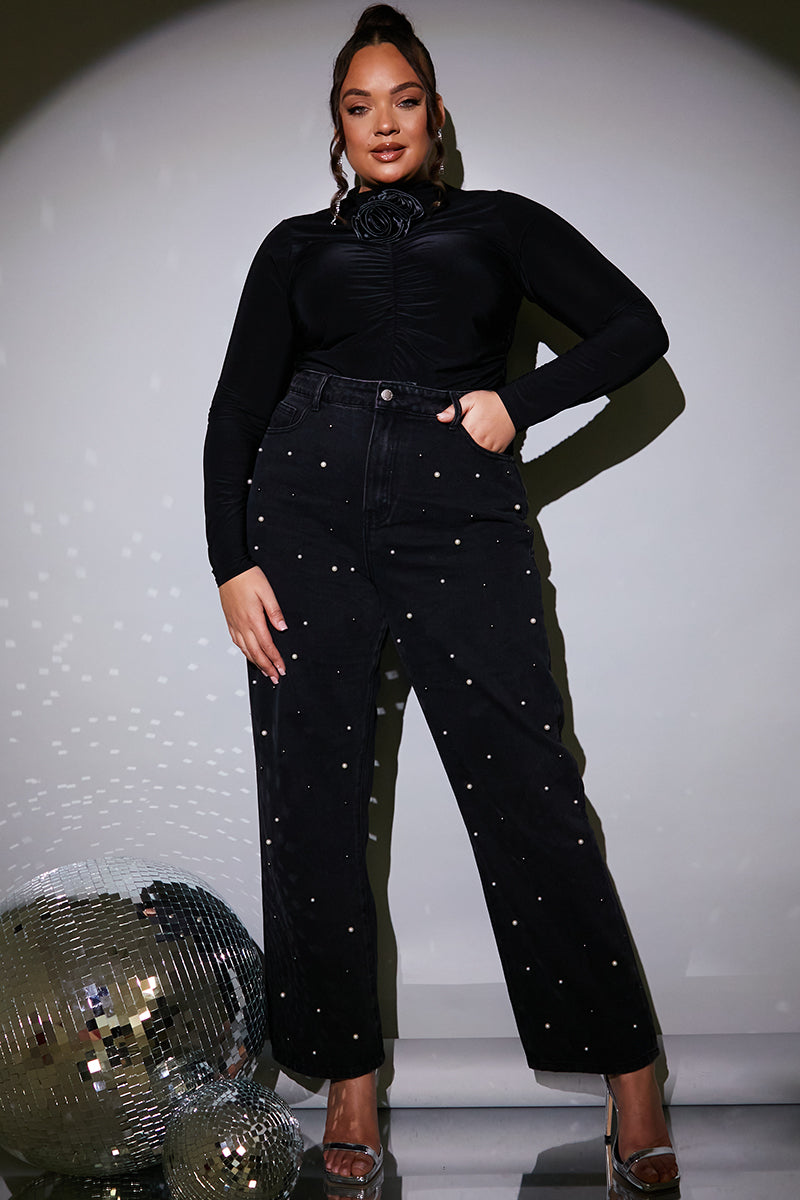 Rhinestone and Pearl Studded Wide Leg Jeans - Black