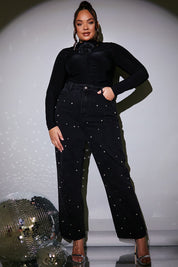 Rhinestone and Pearl Studded Wide Leg Jeans - Black