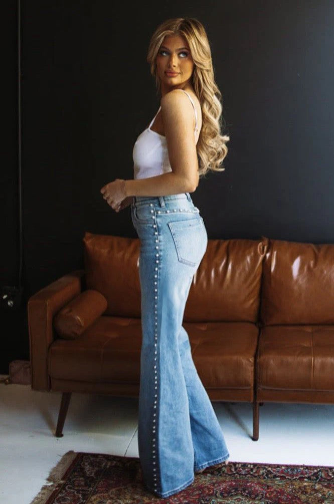 Pearl Studded Boot Cut Jeans Ice Blue