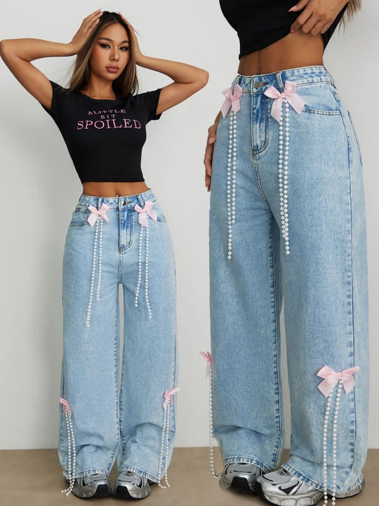 Kiara - Rhinestone and Pearl Embellished Wide Leg Jeans - Ice Blue