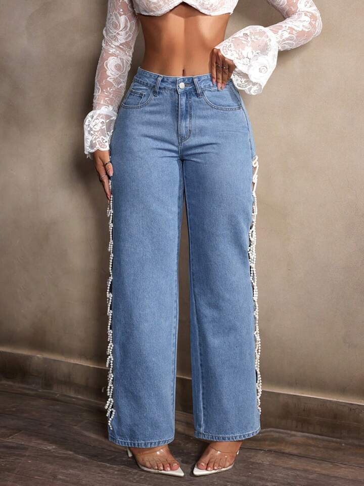 Alice - Pearl Embellished Slit Jeans