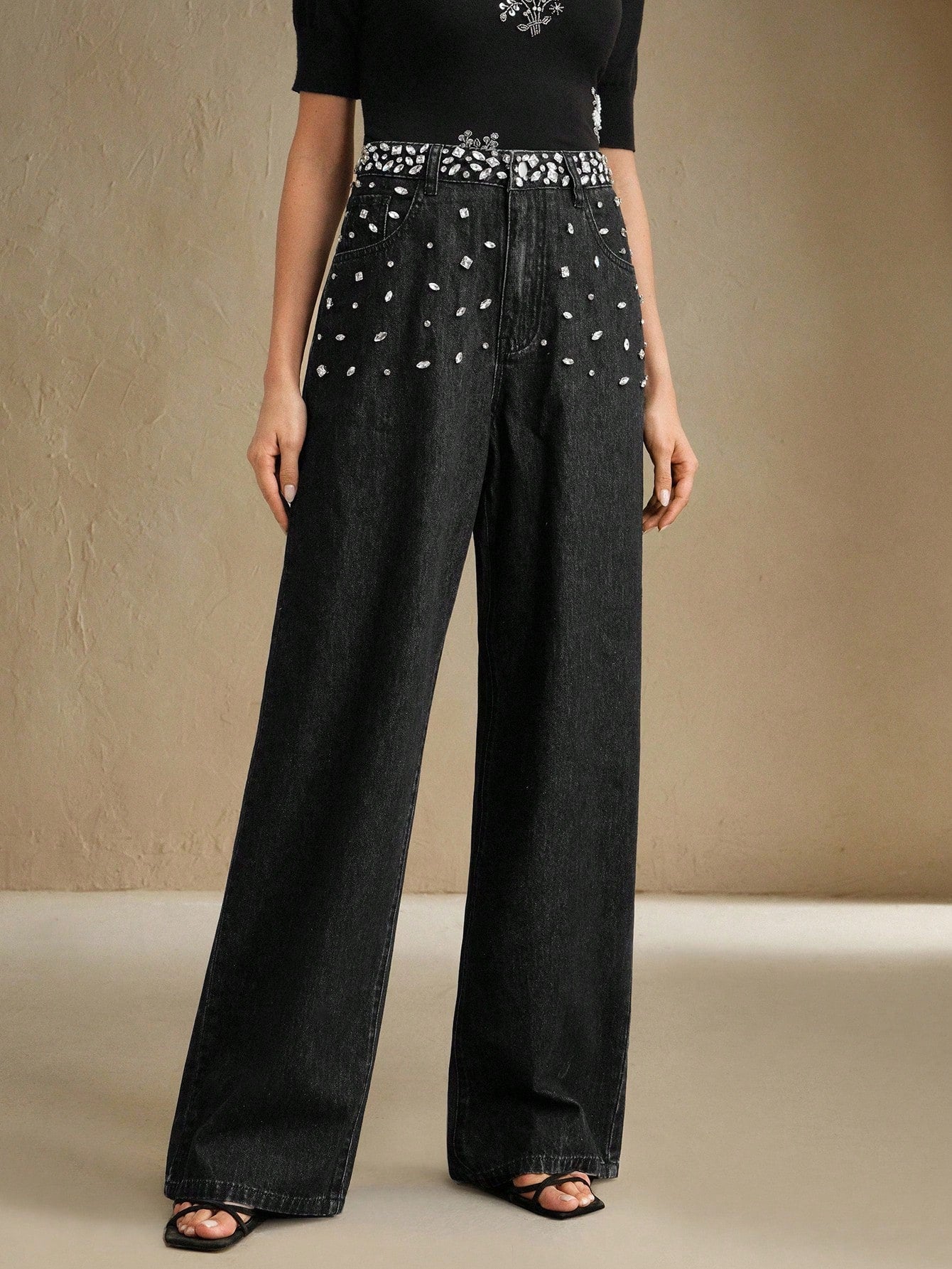 Black Dazzle Band - Rhinestone Embellished Wide Leg Jeans