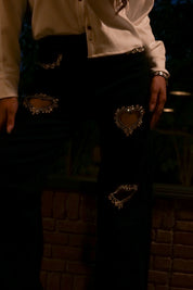 Black Heart - Rhinestone Embellished Cut Out Jeans - Black