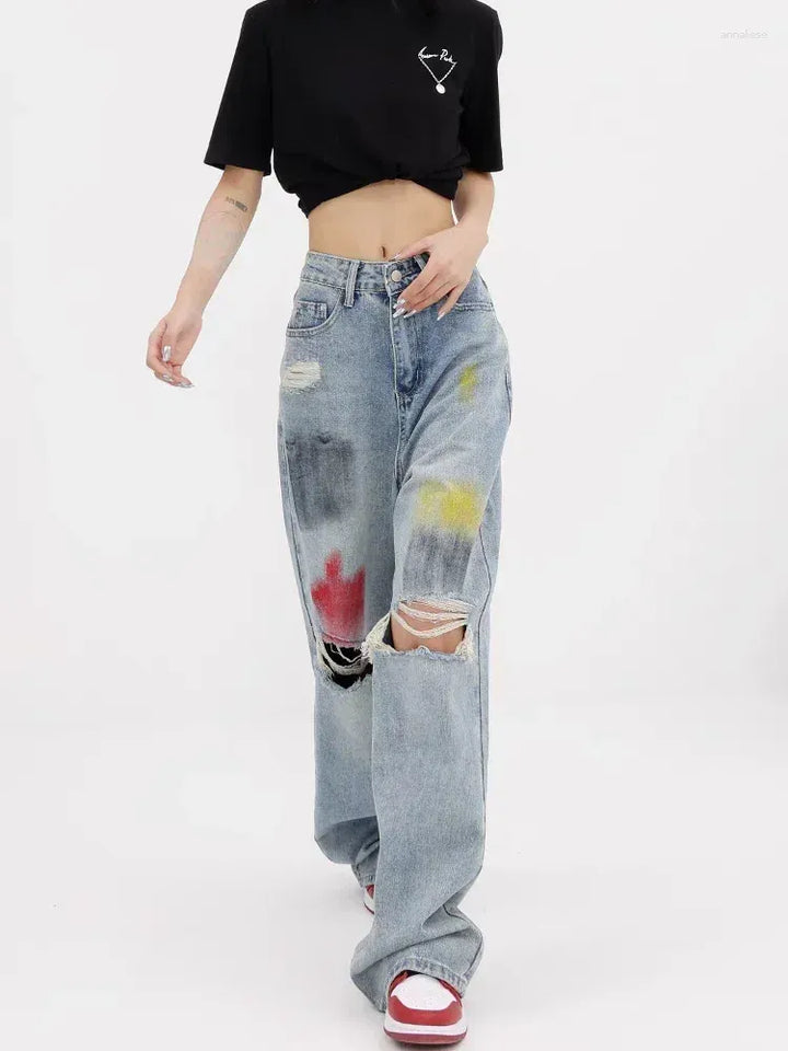 Painted Wide Leg Distressed Jeans - Vivienne