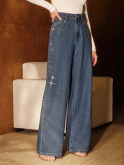 Diamond Mist - Rhinestone Embellished Wide Leg Jeans - Dark Blue