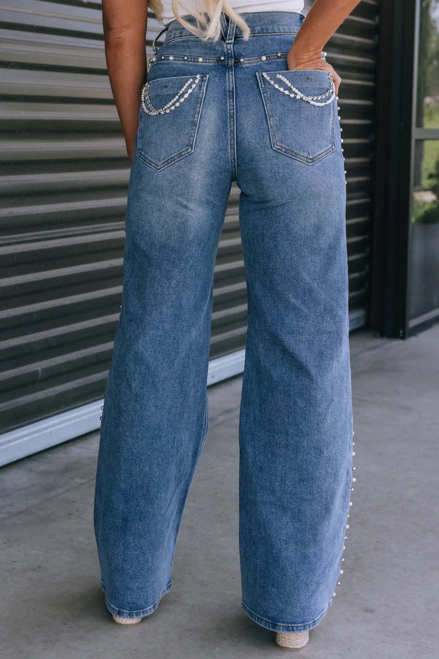 Lidia - Rhinestone Embellished Wide Leg Jeans - Ice Blue