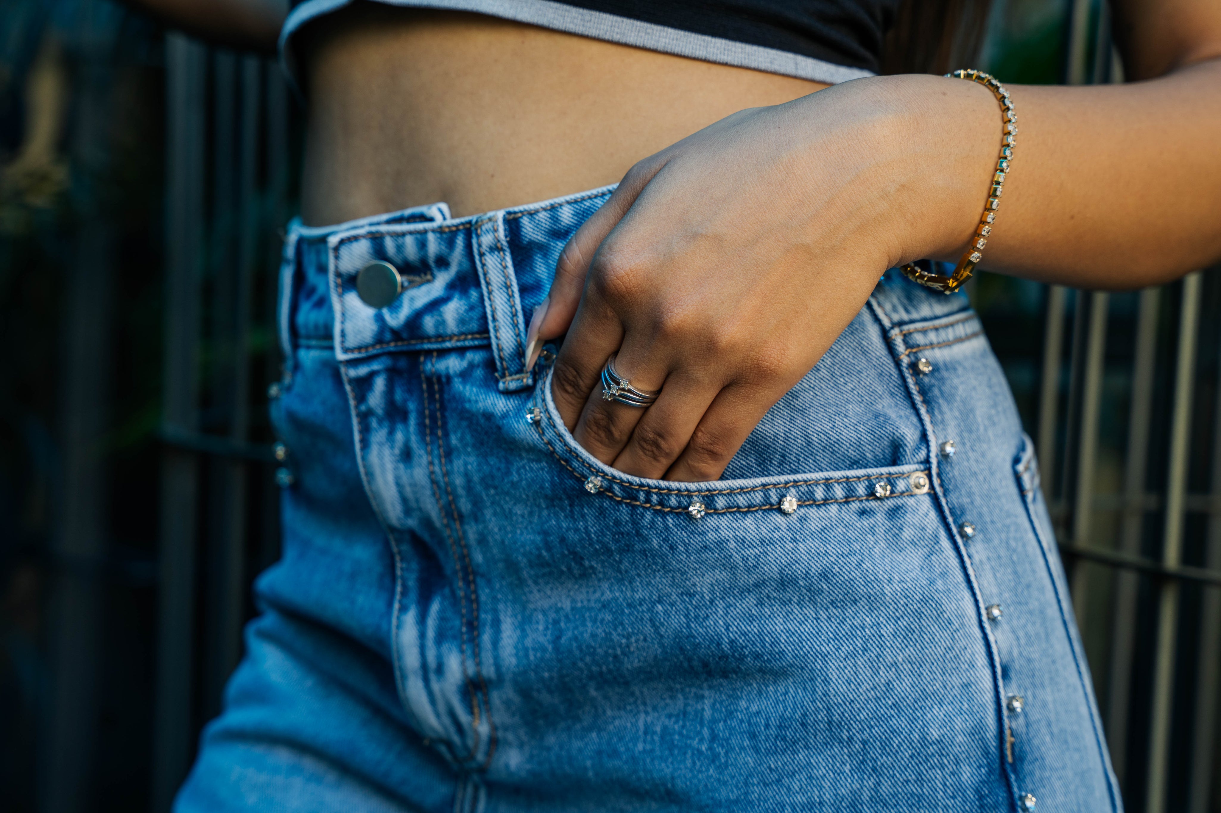 Samantha - Rhinestone Embellished Wide Leg Jeans - Ice Blue