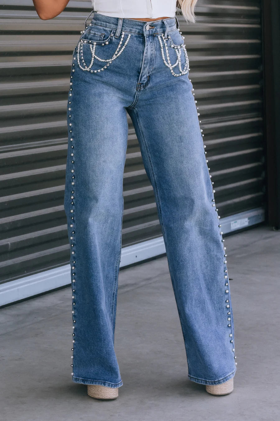 Lidia - Rhinestone Embellished Wide Leg Jeans - Ice Blue