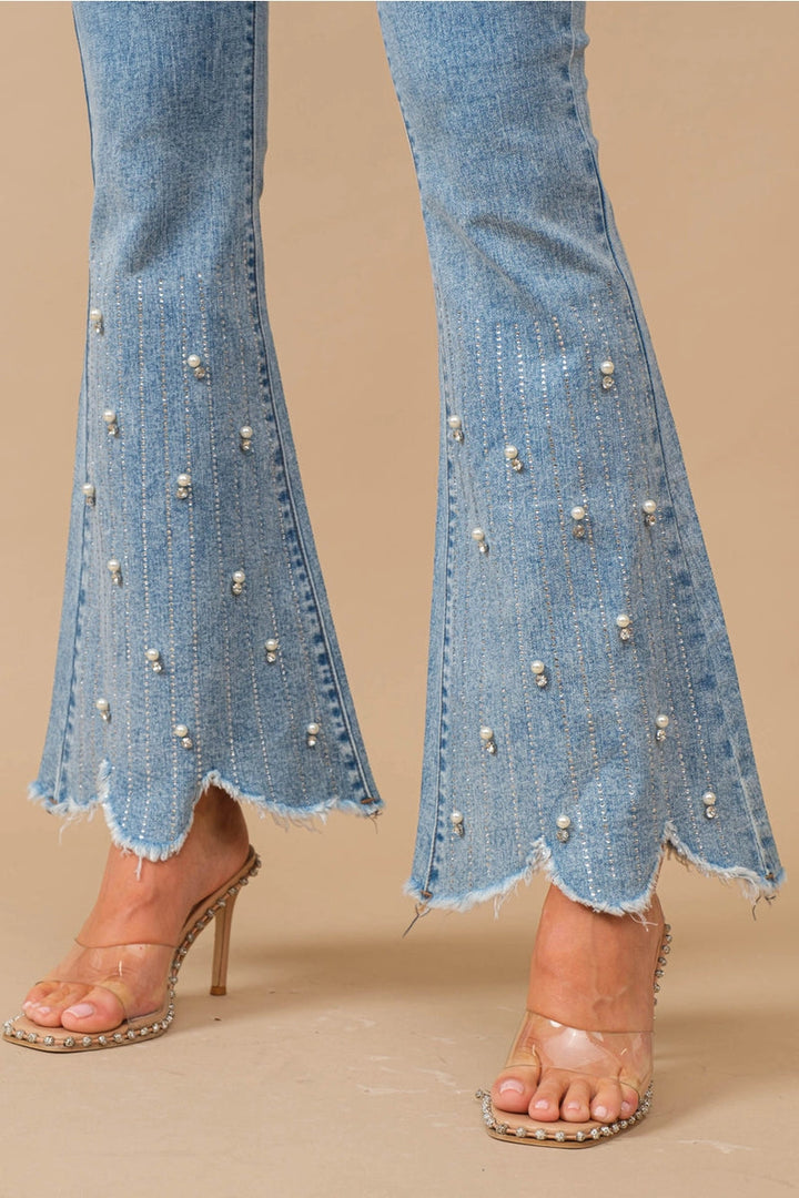 High Rise Embellished Boot Cut Flared Jeans - Blossom Belle