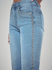 Crown Jewel - Rhinestone Embellished Wide Leg Jeans - Ice Blue