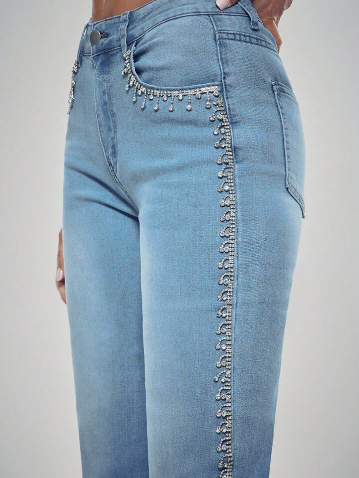 Crown Jewel - Rhinestone Embellished Wide Leg Jeans - Ice Blue