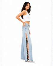 Side Slit Rhinestone Embellished Wide Leg Jeans - Ice Blue