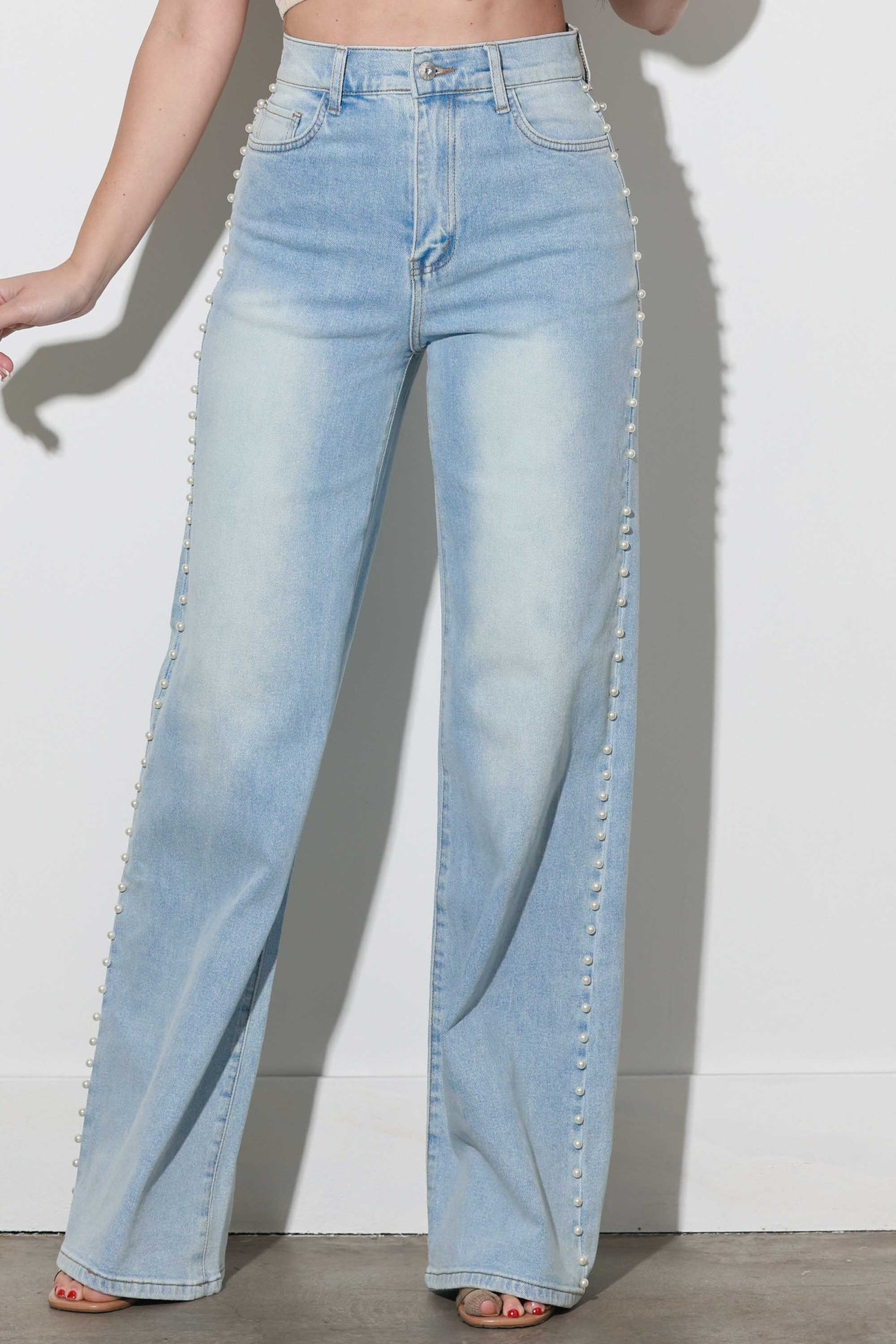 Pearl Studded Wide Leg Jeans - Ice Blue
